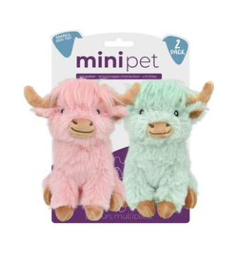 Multipet Dog Toy Minipet Highland Cow Pastels 2 Pack Assorted Colors